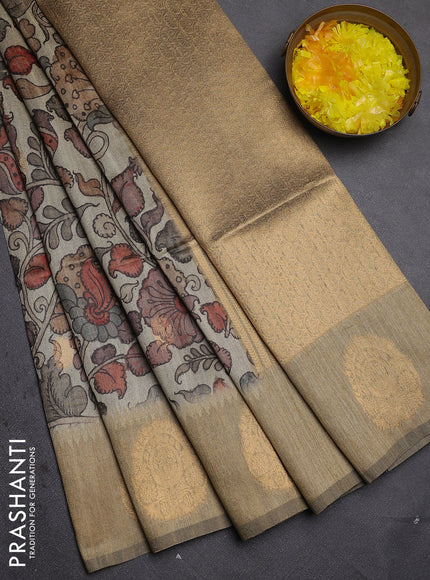 Bhagalpuri tussar saree dark beige with allover kalamkari prints & zari buttas and zari woven butta border