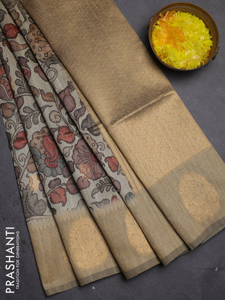 Bhagalpuri tussar saree dark beige with allover kalamkari prints & zari buttas and zari woven butta border