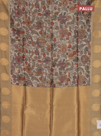 Bhagalpuri tussar saree dark beige with allover kalamkari prints & zari buttas and zari woven butta border