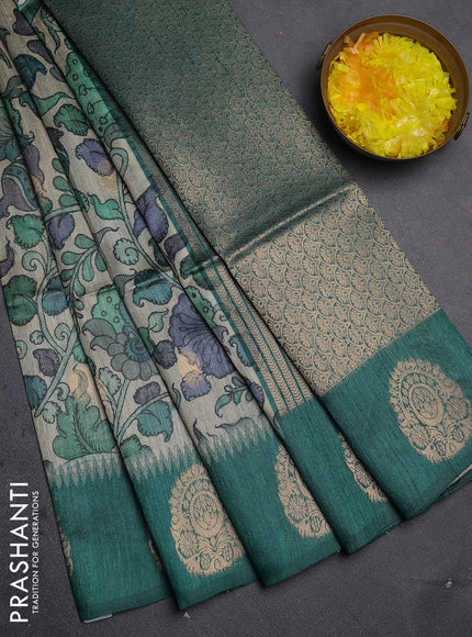 Bhagalpuri tussar saree peacock green with allover kalamkari prints & zari buttas and zari woven butta border