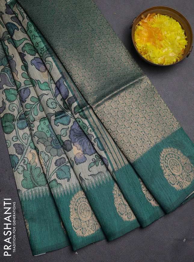 Bhagalpuri tussar saree peacock green with allover kalamkari prints & zari buttas and zari woven butta border