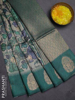 Bhagalpuri tussar saree peacock green with allover kalamkari prints & zari buttas and zari woven butta border
