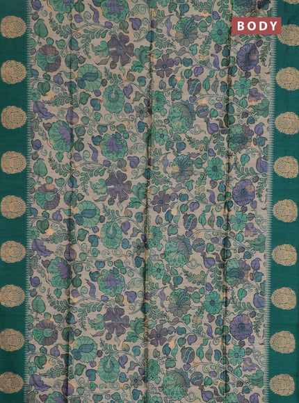 Bhagalpuri tussar saree peacock green with allover kalamkari prints & zari buttas and zari woven butta border