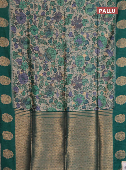 Bhagalpuri tussar saree peacock green with allover kalamkari prints & zari buttas and zari woven butta border