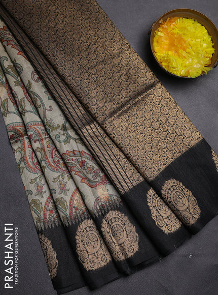Bhagalpuri tussar saree beige and black with allover kalamkari prints & zari buttas and zari woven butta border