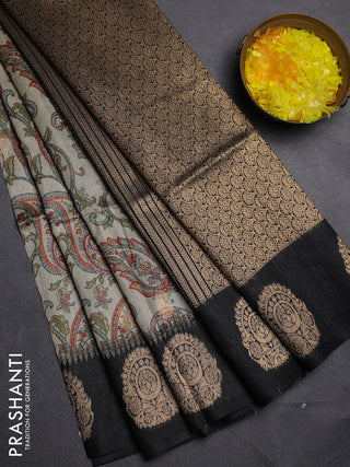 Bhagalpuri tussar saree beige and black with allover kalamkari prints & zari buttas and zari woven butta border