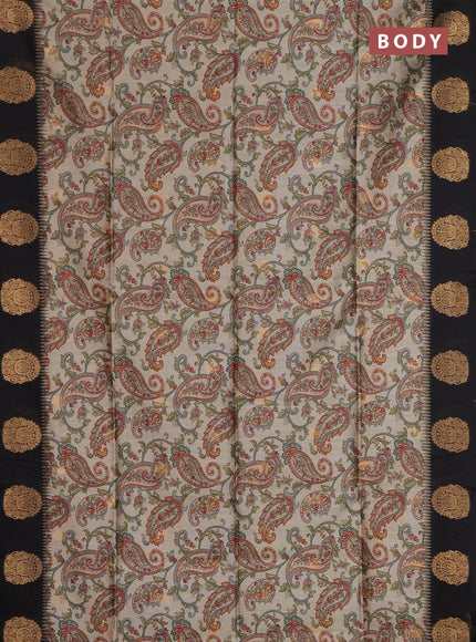 Bhagalpuri tussar saree beige and black with allover kalamkari prints & zari buttas and zari woven butta border