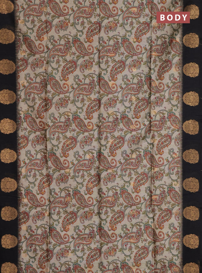 Bhagalpuri tussar saree beige and black with allover kalamkari prints & zari buttas and zari woven butta border