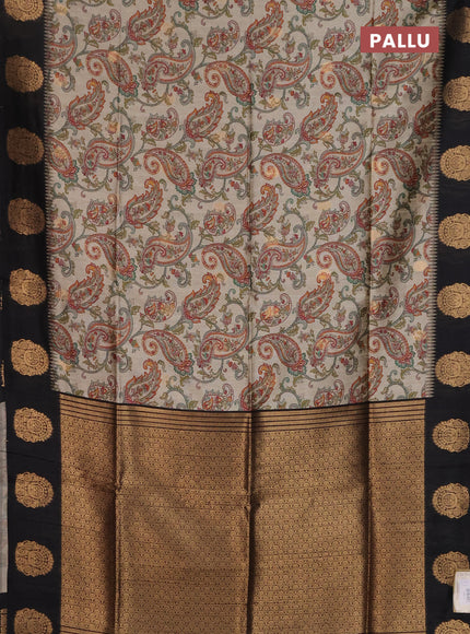 Bhagalpuri tussar saree beige and black with allover kalamkari prints & zari buttas and zari woven butta border