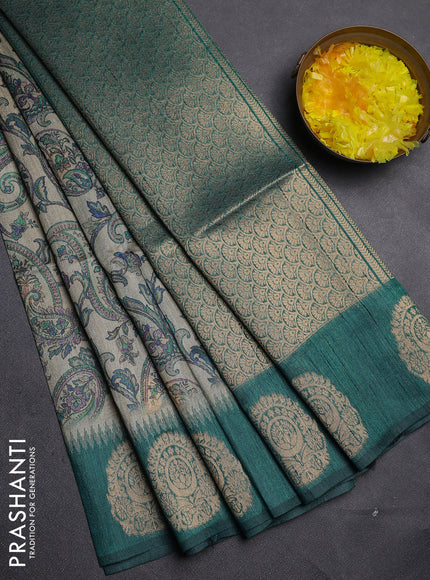 Bhagalpuri tussar saree beige and peacock green with allover kalamkari prints & zari buttas and zari woven butta border