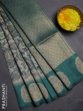 Bhagalpuri tussar saree beige and peacock green with allover kalamkari prints & zari buttas and zari woven butta border