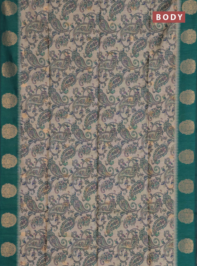 Bhagalpuri tussar saree beige and peacock green with allover kalamkari prints & zari buttas and zari woven butta border