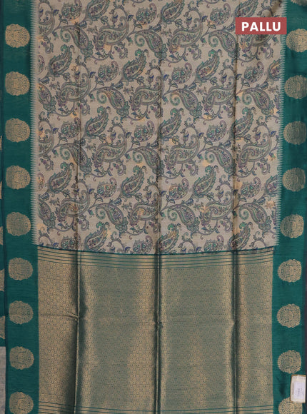Bhagalpuri tussar saree beige and peacock green with allover kalamkari prints & zari buttas and zari woven butta border