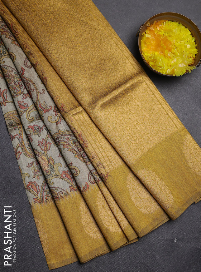 Bhagalpuri tussar saree beige and mustard yellow with allover kalamkari prints & zari buttas and zari woven butta border
