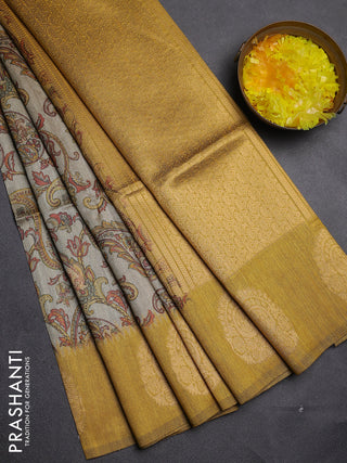 Bhagalpuri tussar saree beige and mustard yellow with allover kalamkari prints & zari buttas and zari woven butta border