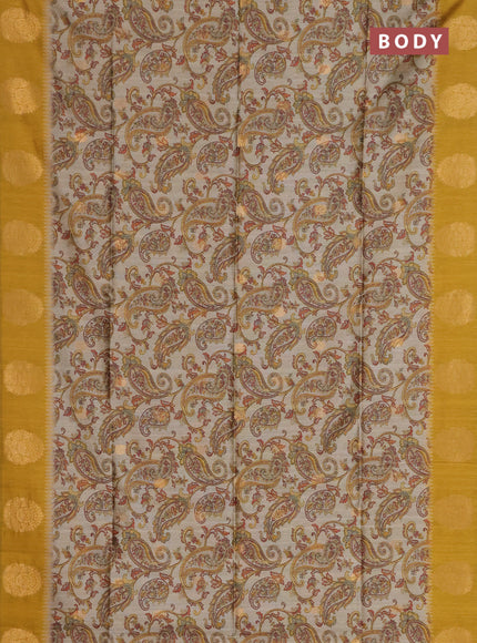 Bhagalpuri tussar saree beige and mustard yellow with allover kalamkari prints & zari buttas and zari woven butta border
