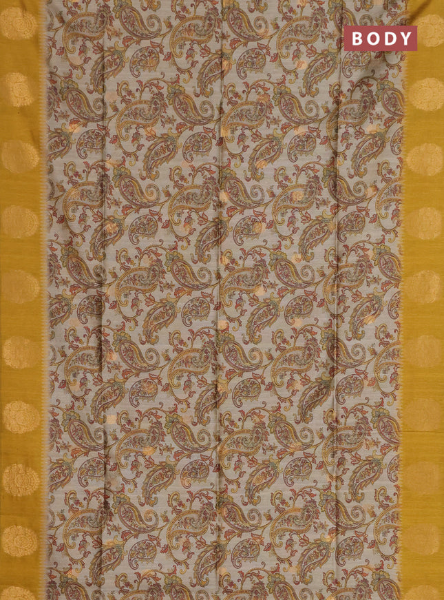 Bhagalpuri tussar saree beige and mustard yellow with allover kalamkari prints & zari buttas and zari woven butta border