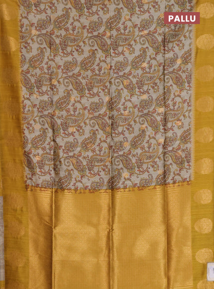 Bhagalpuri tussar saree beige and mustard yellow with allover kalamkari prints & zari buttas and zari woven butta border