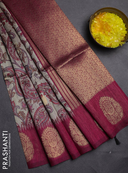 Bhagalpuri tussar saree beige and dark pink with allover kalamkari prints & zari buttas and zari woven butta border