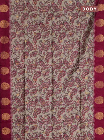 Bhagalpuri tussar saree beige and dark pink with allover kalamkari prints & zari buttas and zari woven butta border