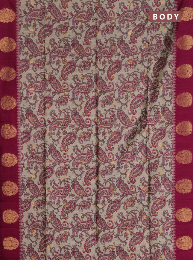 Bhagalpuri tussar saree beige and dark pink with allover kalamkari prints & zari buttas and zari woven butta border