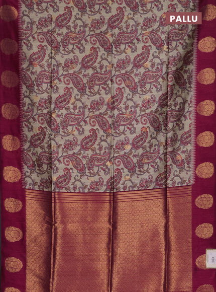 Bhagalpuri tussar saree beige and dark pink with allover kalamkari prints & zari buttas and zari woven butta border