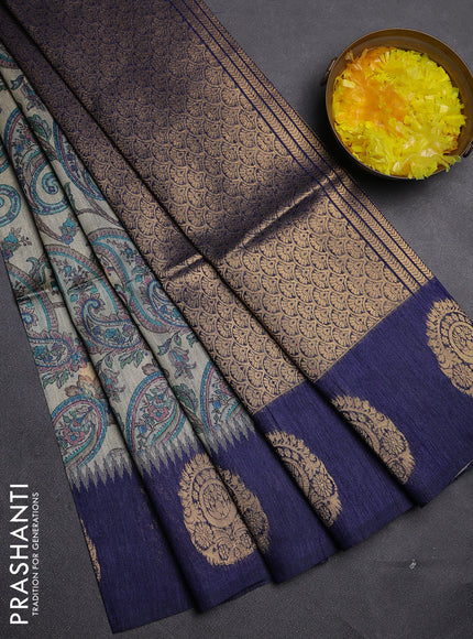 Bhagalpuri tussar saree beige and navy blue with allover kalamkari prints & zari buttas and zari woven butta border