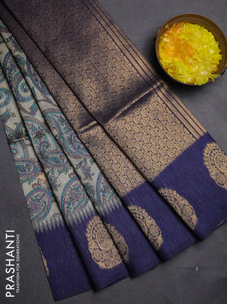 Bhagalpuri tussar saree beige and navy blue with allover kalamkari prints & zari buttas and zari woven butta border