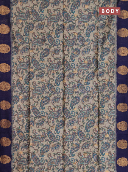 Bhagalpuri tussar saree beige and navy blue with allover kalamkari prints & zari buttas and zari woven butta border