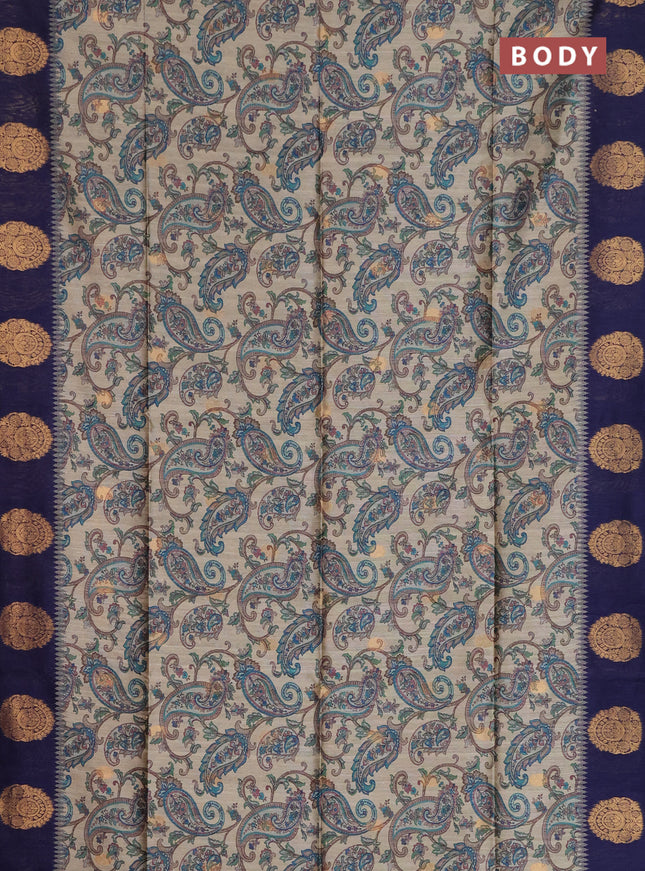 Bhagalpuri tussar saree beige and navy blue with allover kalamkari prints & zari buttas and zari woven butta border