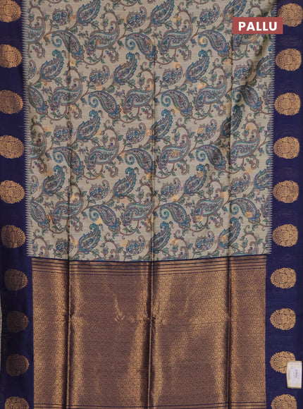 Bhagalpuri tussar saree beige and navy blue with allover kalamkari prints & zari buttas and zari woven butta border