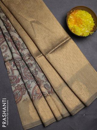 Bhagalpuri tussar saree beige and dark beige with allover kalamkari prints & zari buttas and zari woven butta border