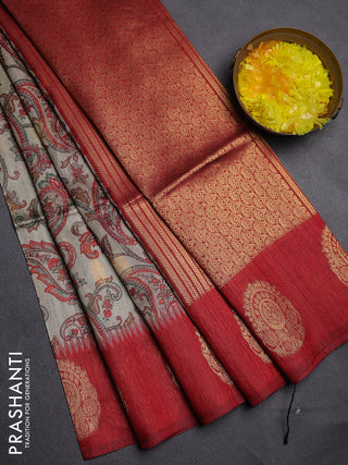 Bhagalpuri tussar saree beige and maroon with allover kalamkari prints & zari buttas and zari woven butta border