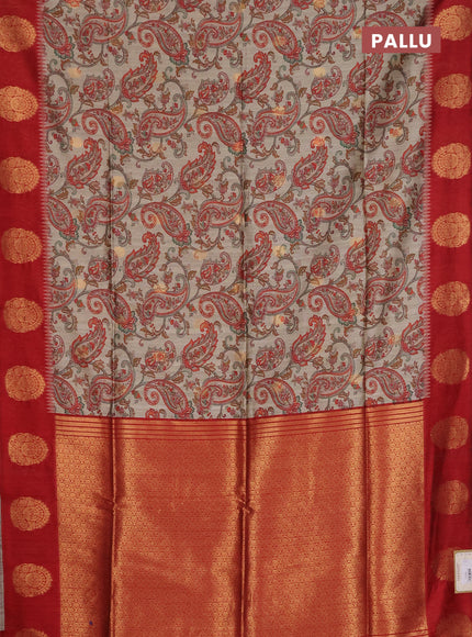 Bhagalpuri tussar saree beige and maroon with allover kalamkari prints & zari buttas and zari woven butta border