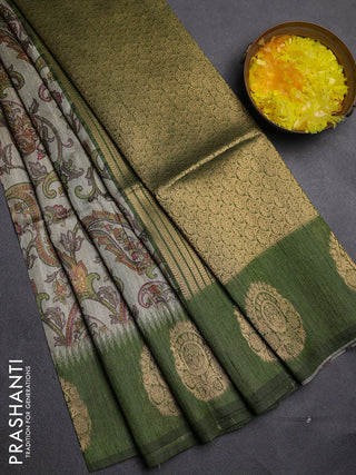 Bhagalpuri tussar saree beige and mehendi green with allover kalamkari prints & zari buttas and zari woven butta border
