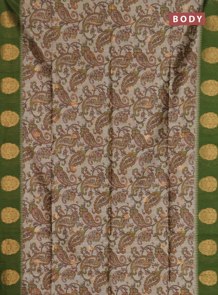 Bhagalpuri tussar saree beige and mehendi green with allover kalamkari prints & zari buttas and zari woven butta border