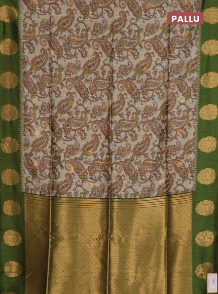 Bhagalpuri tussar saree beige and mehendi green with allover kalamkari prints & zari buttas and zari woven butta border