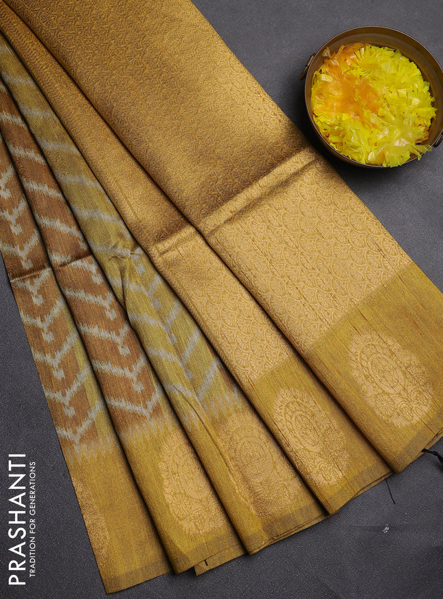 Bhagalpuri tussar saree dark mustard with allover zigzag ikat prints and zari woven butta prints