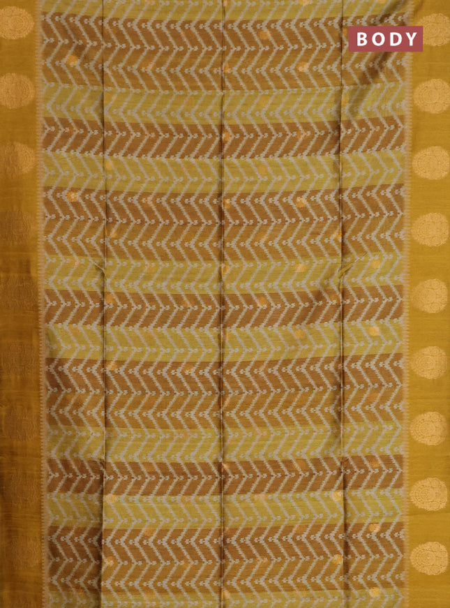 Bhagalpuri tussar saree dark mustard with allover zigzag ikat prints and zari woven butta prints