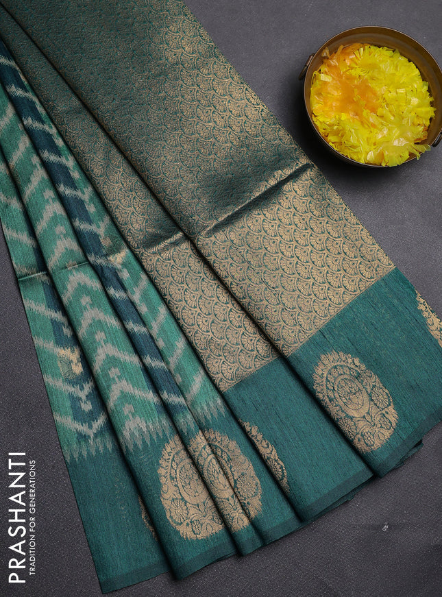 Bhagalpuri tussar saree peacock green with allover zigzag ikat prints and zari woven butta prints