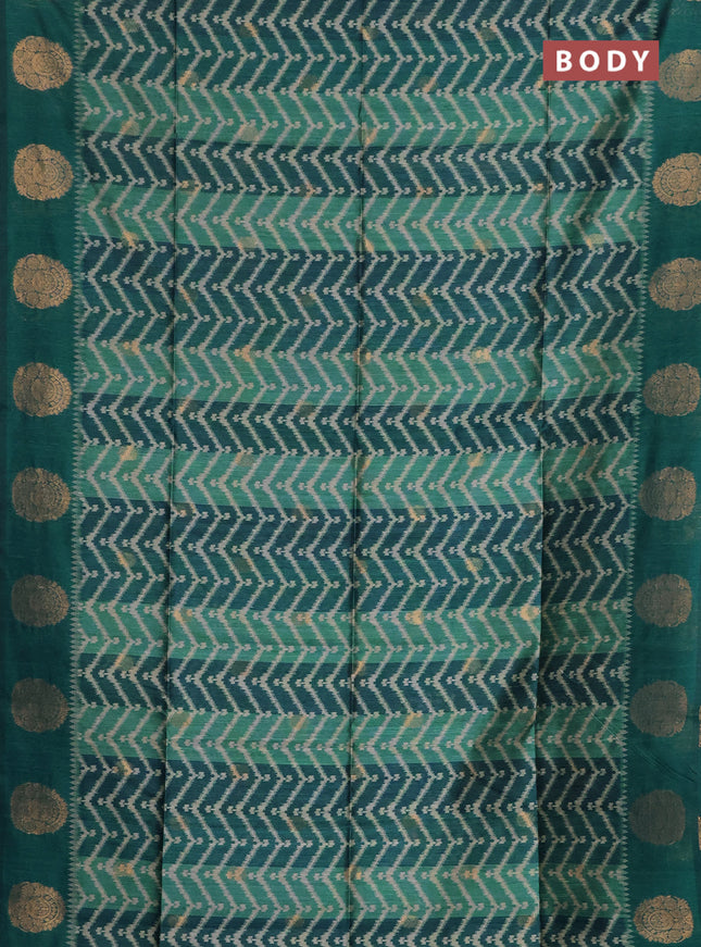 Bhagalpuri tussar saree peacock green with allover zigzag ikat prints and zari woven butta prints
