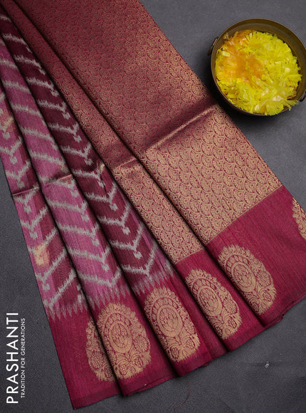 Bhagalpuri tussar saree dark pink with allover zigzag ikat prints and zari woven butta prints