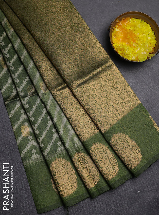 Bhagalpuri tussar saree mehendi green with allover zigzag ikat prints and zari woven butta prints