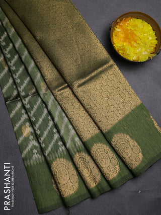 Bhagalpuri tussar saree mehendi green with allover zigzag ikat prints and zari woven butta prints