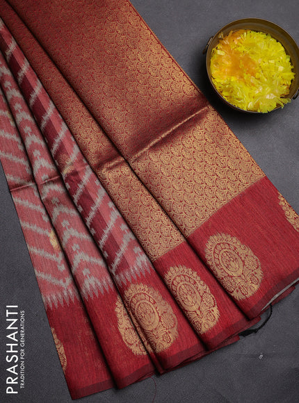 Bhagalpuri tussar saree maroon with allover zigzag ikat prints and zari woven butta prints