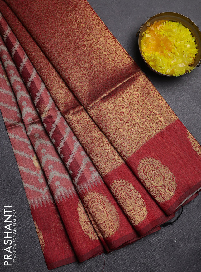 Bhagalpuri tussar saree maroon with allover zigzag ikat prints and zari woven butta prints