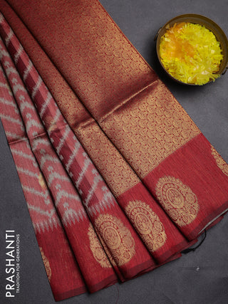 Bhagalpuri tussar saree maroon with allover zigzag ikat prints and zari woven butta prints