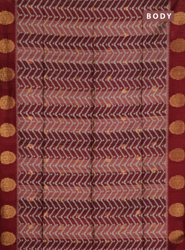 Bhagalpuri tussar saree maroon with allover zigzag ikat prints and zari woven butta prints