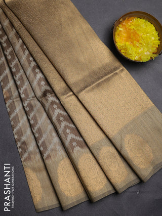 Bhagalpuri tussar saree dark beige with allover zigzag ikat prints and zari woven butta prints