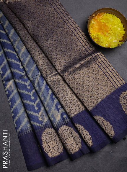 Bhagalpuri tussar saree navy blue with allover zigzag ikat prints and zari woven butta prints